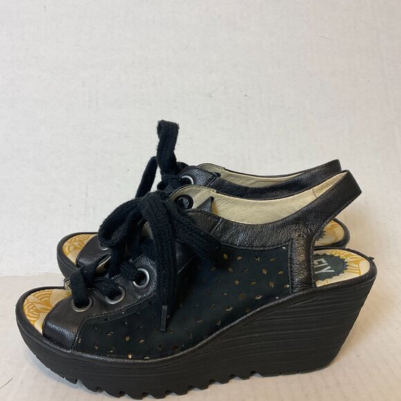 Fly London Yuta Wedge Heel Perforated Suede Leather Lace Up - Picture 1 of 12